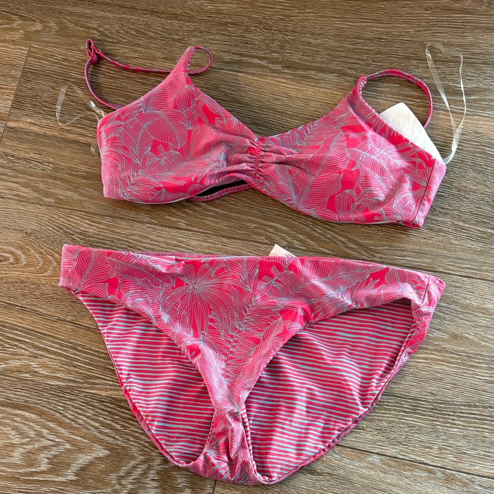 Prana- Reversible Pink and Blue Bikini Set (Striped and Tropical Patterns)